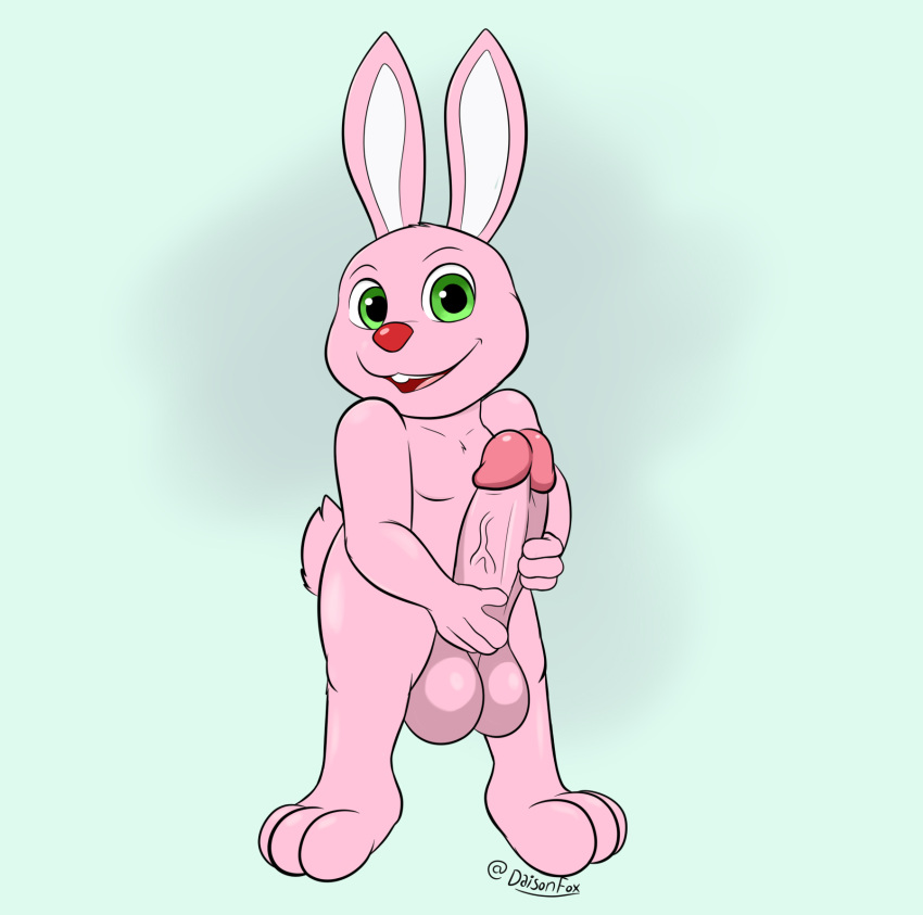 anthro balls big_penis daison_the_fox duracell_bunny genitals green_eyes hi_res holding_penis huge_penis lagomorph leporid looking_at_viewer male mammal nude penis pink_body pink_penis rabbit simple_background solo vein veiny_penis