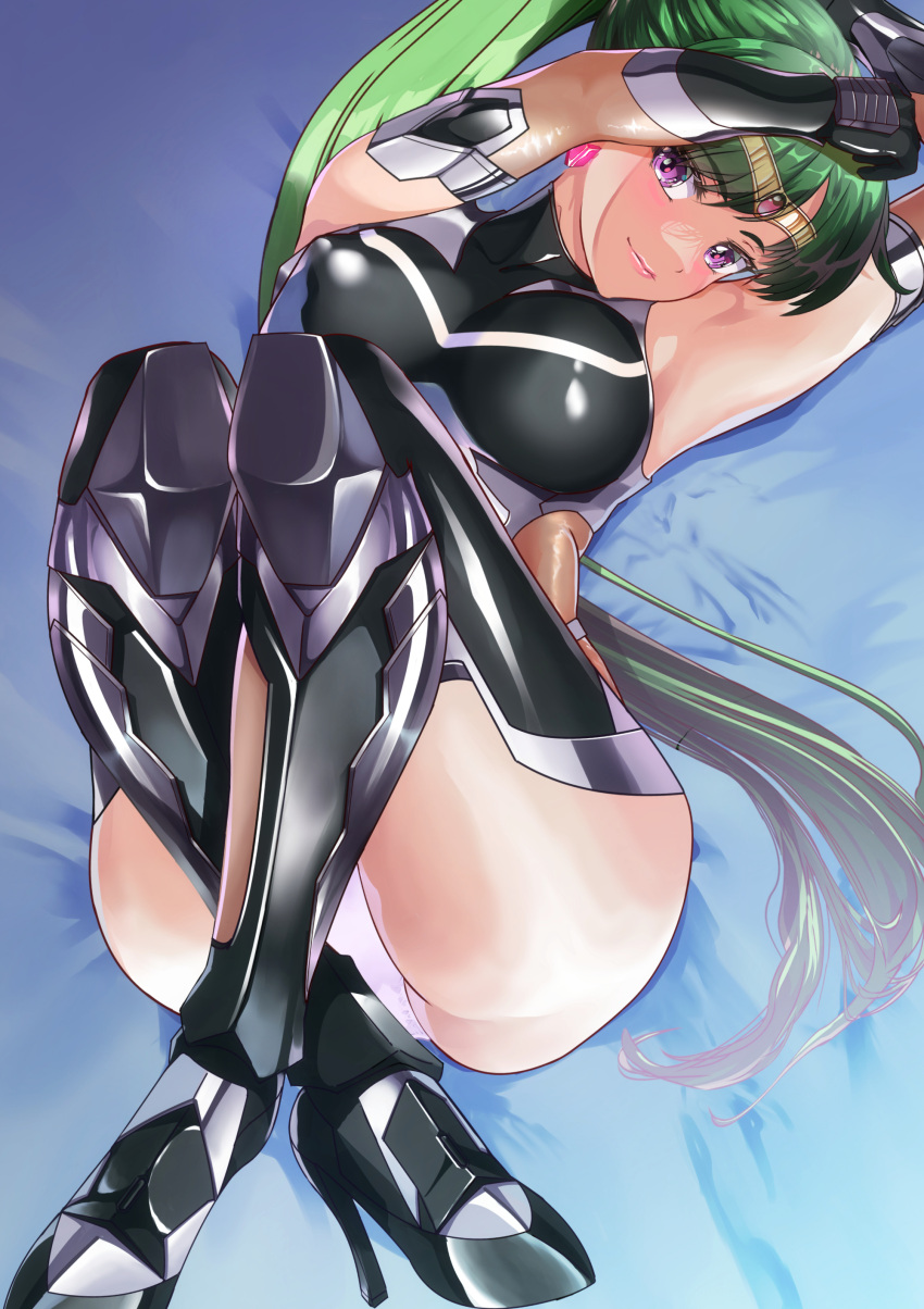 absurdres arion_canvas bangs black_bodysuit bodysuit elbow_gloves gloves green_hair high_heels highres impossible_bodysuit impossible_clothes impossible_leotard leotard lips long_hair meiou_setsuna ponytail red_eyes sailor_pluto skin_tight smile swept_bangs taimanin_(series) taimanin_suit tan very_long_hair