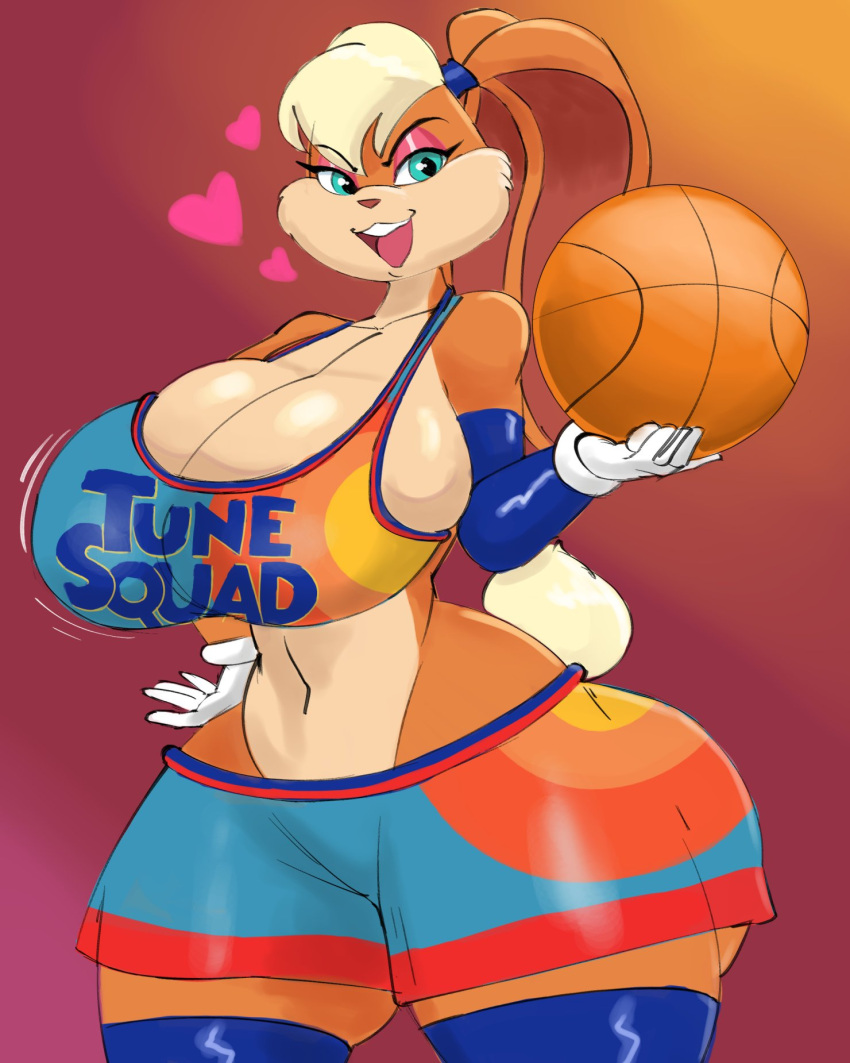 &lt;3 anthro ball basketball_(ball) big_breasts black_pupils blonde_hair bottomwear bra breasts cleavage clothed clothing english_text female geebie33 gloves green_eyes hair handwear hi_res holding_basketball huge_breasts lagomorph legwear leporid lola_bunny looney_tunes mammal midriff multicolored_body navel open_mouth pupils rabbit shorts solo space_jam space_jam:_a_new_legacy sports_bra text text_on_clothing text_on_topwear thick_thighs thigh_highs topwear two_tone_body underwear warner_brothers wide_hips