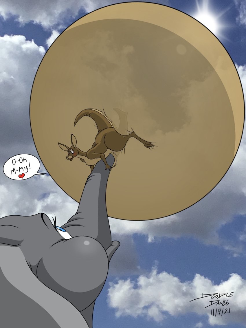 &lt;3 2021 air_inflation anthro belly belly_expansion belly_inflation big_belly blowing blue_eyes blush brown_body brown_fur chest_tuft cloud dialogue duo elephant elephantid english_text exclamation_point expansion eye_contact eyebrows eyelashes female fur grey_body hi_res hyper hyper_belly hyper_inflation inflation kangaroo looking_at_another macropod mammal marsupial open_mouth open_smile pouch_(anatomy) proboscidean puffed_cheeks signature sky smile text tuft wolfdan86