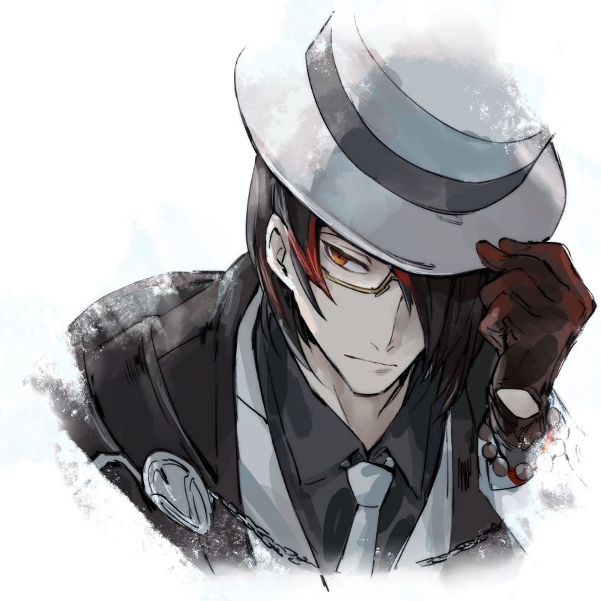 1boy arknights arm_up black_hair black_jacket black_shirt brown-framed_eyewear chain closed_mouth collared_shirt cropped_torso e-bushi glasses gnosis_(arknights) hair_over_one_eye hand_on_headwear highres jacket long_sleeves looking_away looking_to_the_side male_focus multicolored_hair necktie open_clothes open_jacket orange_eyes red_hair shirt simple_background solo streaked_hair upper_body white_background white_headwear white_jacket white_necktie