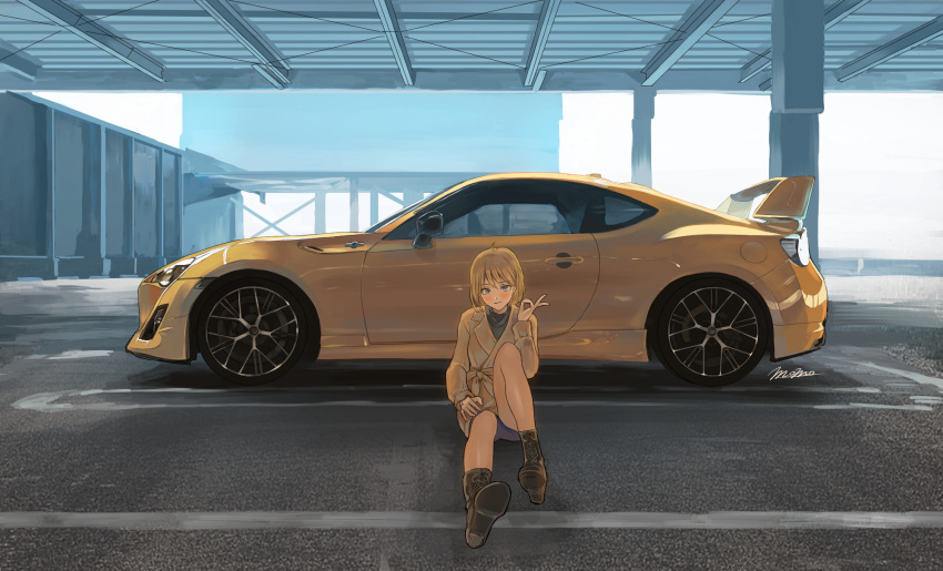 1girl ankle_boots bangs black_footwear black_shirt blonde_hair blue_shorts boots brown_coat car coat commentary_request ground_vehicle highres knee_up long_sleeves looking_at_viewer momo_hiki motor_vehicle original parking_lot shirt short_hair shorts sitting solo spoiler_(automobile) sports_car vehicle_focus vehicle_request