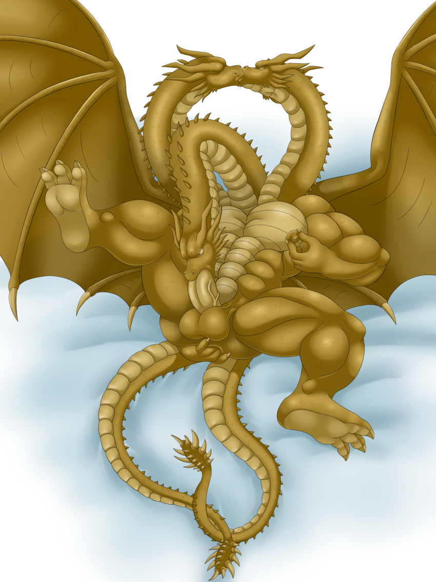 2023 2_tails 3_heads 3_toes anal anal_fingering anthro autofellatio balls digital_media_(artwork) dragon feet fingering fingering_self genitals godzilla_(series) hi_res horn king_ghidorah kissing male masturbation multi_head multi_tail nipples non-mammal_nipples oral oral_masturbation penile penile_masturbation penis simple_background solo tail toes toho wings woofmadness yellow_body