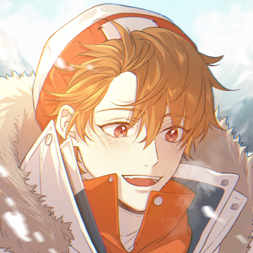 1boy :d bangs beanie brown_coat brown_eyes brown_hair coat fur_coat hat highres jiukuzi18797 long_sleeves luke_pearce_(tears_of_themis) open_mouth outdoors short_hair smile snow snowing solo tears_of_themis upper_body winter winter_clothes winter_coat