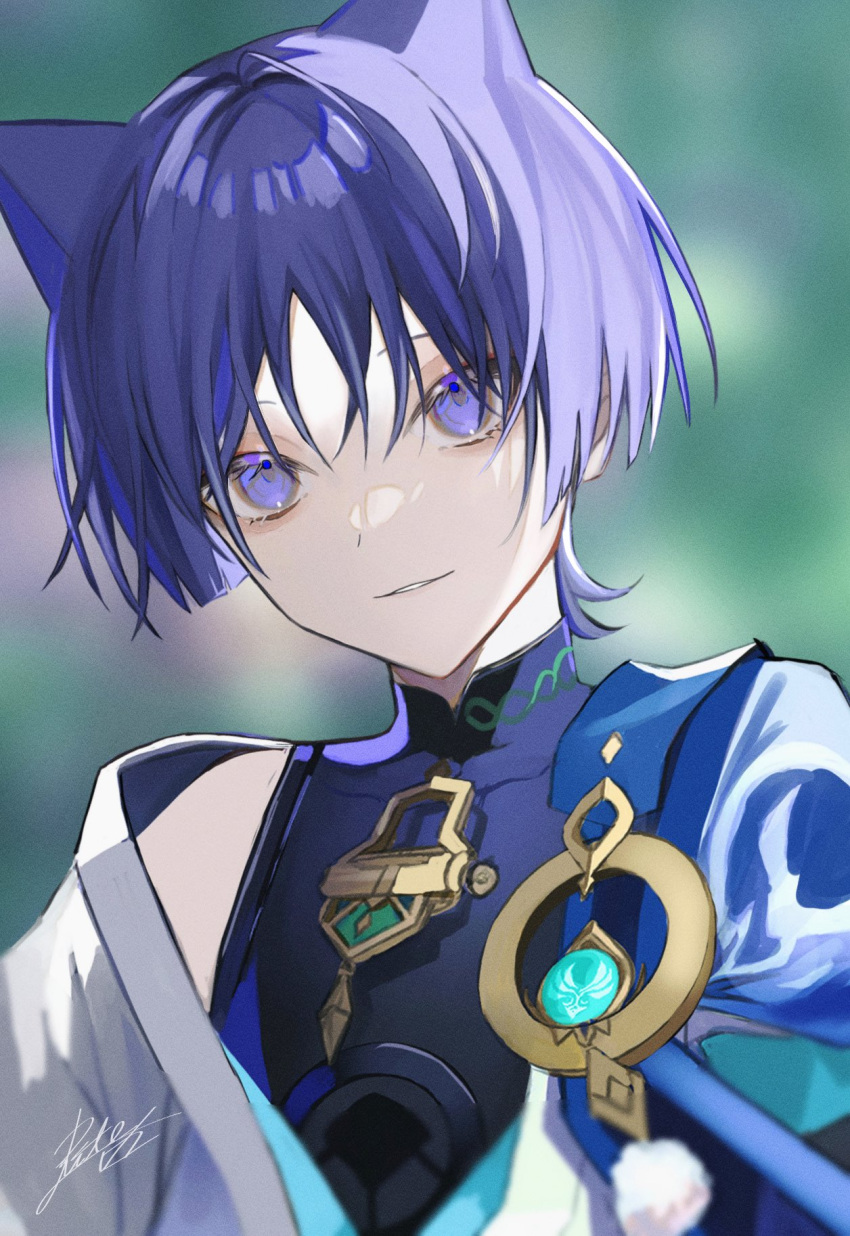 1boy animal_ears artist_name bangs bare_shoulders black_shirt blue_gemstone blue_vest blunt_ends blurry blurry_background blurry_foreground bush cat_ears closed_mouth collarbone flower gem genshin_impact gold grey_vest hair_between_eyes highres jewelry leaf looking_at_viewer male_focus mandarin_collar necklace no_headwear official_alternate_costume open_clothes open_vest pom_pom_(clothes) purple_eyes purple_flower purple_hair rtms scaramouche_(genshin_impact) shirt short_hair short_sleeves sleeveless sleeveless_shirt smile solo teeth two-tone_vest upper_body vest vision_(genshin_impact) wanderer_(genshin_impact)