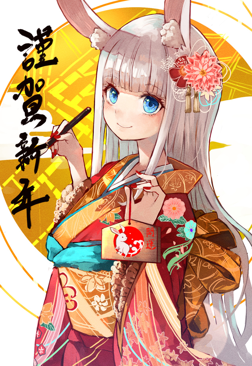 1girl animal_ear_fluff animal_ears bangs blue_eyes calligraphy_brush chinese_zodiac closed_mouth commentary_request ema floral_print flower frilled_sleeves frills grey_hair hair_flower hair_ornament highres holding holding_paintbrush japanese_clothes kimono long_hair long_sleeves nengajou new_year nyucha obi original paintbrush pink_flower print_kimono rabbit_ears red_kimono sash smile solo upper_body very_long_hair wide_sleeves year_of_the_rabbit