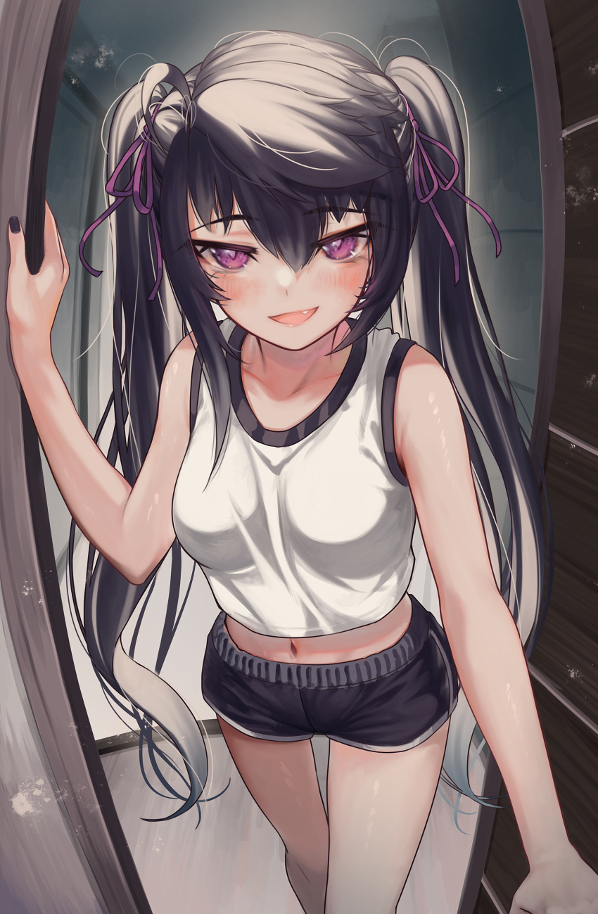 1girl :d bangs bare_arms black_hair black_nails black_shorts blush breasts commentary_request dolphin_shorts fang hair_between_eyes hair_ribbon highres long_hair looking_at_viewer medium_breasts midriff nail_polish navel open_door open_mouth original partial_commentary priite_hari_(torriet) purple_eyes purple_ribbon revision ribbon shirt short_shorts shorts sidelocks sleeveless sleeveless_shirt smile solo standing torriet twintails very_long_hair white_shirt