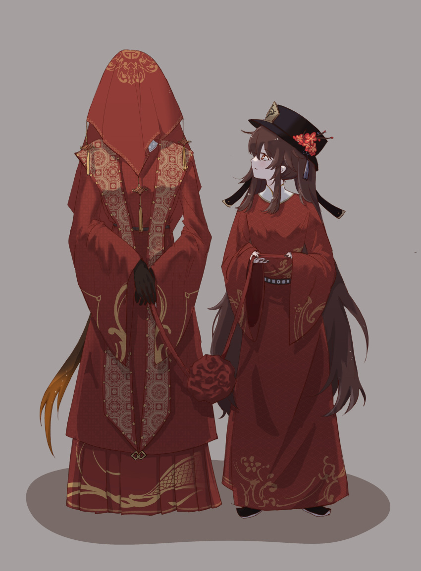 1boy 1girl absurdres belt black_headwear blush bridal_veil bride brown_hair china_dress chinese_clothes chinese_commentary chinese_knot couple dress flower full_body genshin_impact groom hair_between_eyes hanfu hat hat_flower highres honggaitou hu_tao_(genshin_impact) long_hair long_sleeves looking_at_another plum_blossoms ponytail porkpie_hat red_eyes role_reversal shoes sidelocks standing tiankou1231 translation_request twintails veil very_long_hair wedding wedding_dress zhongli_(genshin_impact)