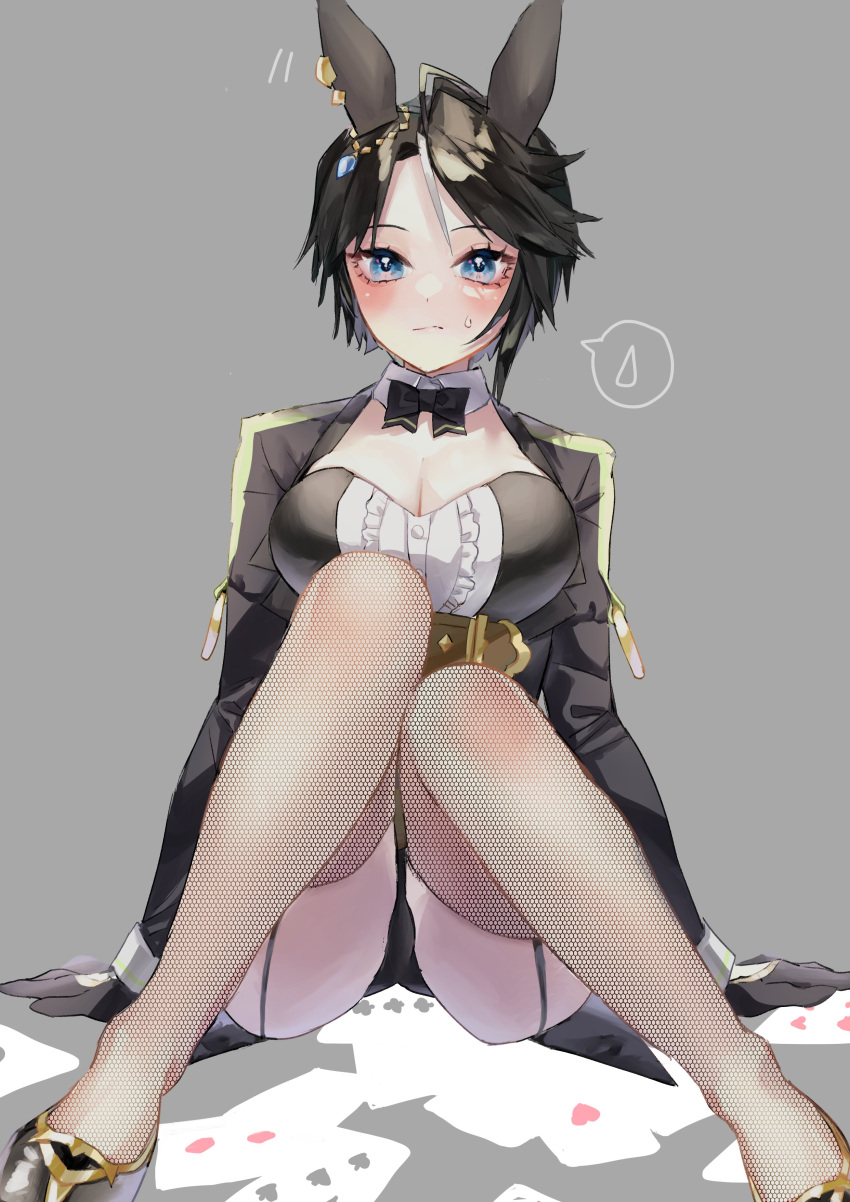 1girl absurdres alternate_animal_ears animal_ears black_bow black_bowtie black_gloves black_hair black_jacket black_leotard blue_eyes blush bow bowtie breasts card cleavage detached_collar fishnet_thighhighs fishnets fuji_kiseki_(umamusume) garter_straps gloves grey_background highres jacket knees_up large_breasts leotard long_sleeves looking_at_viewer playing_card rabbit_ears short_hair simple_background sitting solo spoken_sweatdrop sweatdrop thighhighs umamusume unmoving_pattern usami_(nibowhite_pix)