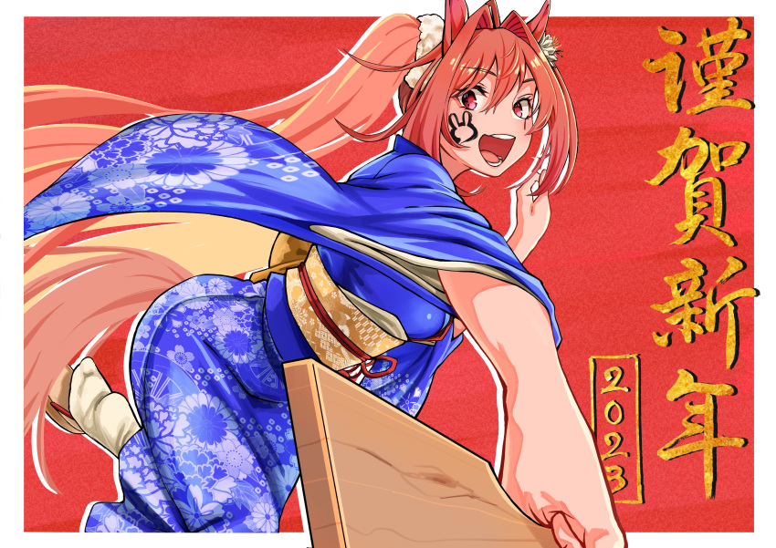 1girl 2023 absurdres ahoge animal_ears bangs blue_kimono breasts brown_hair daiwa_scarlet_(umamusume) floral_print hagoita hair_intakes happy_new_year highres holding holding_paddle horse_ears horse_girl horse_tail japanese_clothes kimono long_hair long_sleeves looking_at_viewer medium_breasts obi okobo open_mouth outstretched_arm paddle red_background red_eyes sash slit_pupils smile solo tabi tail teeth tongue twintails umamusume utsuke_(u_tuk_e) very_long_hair wide_sleeves