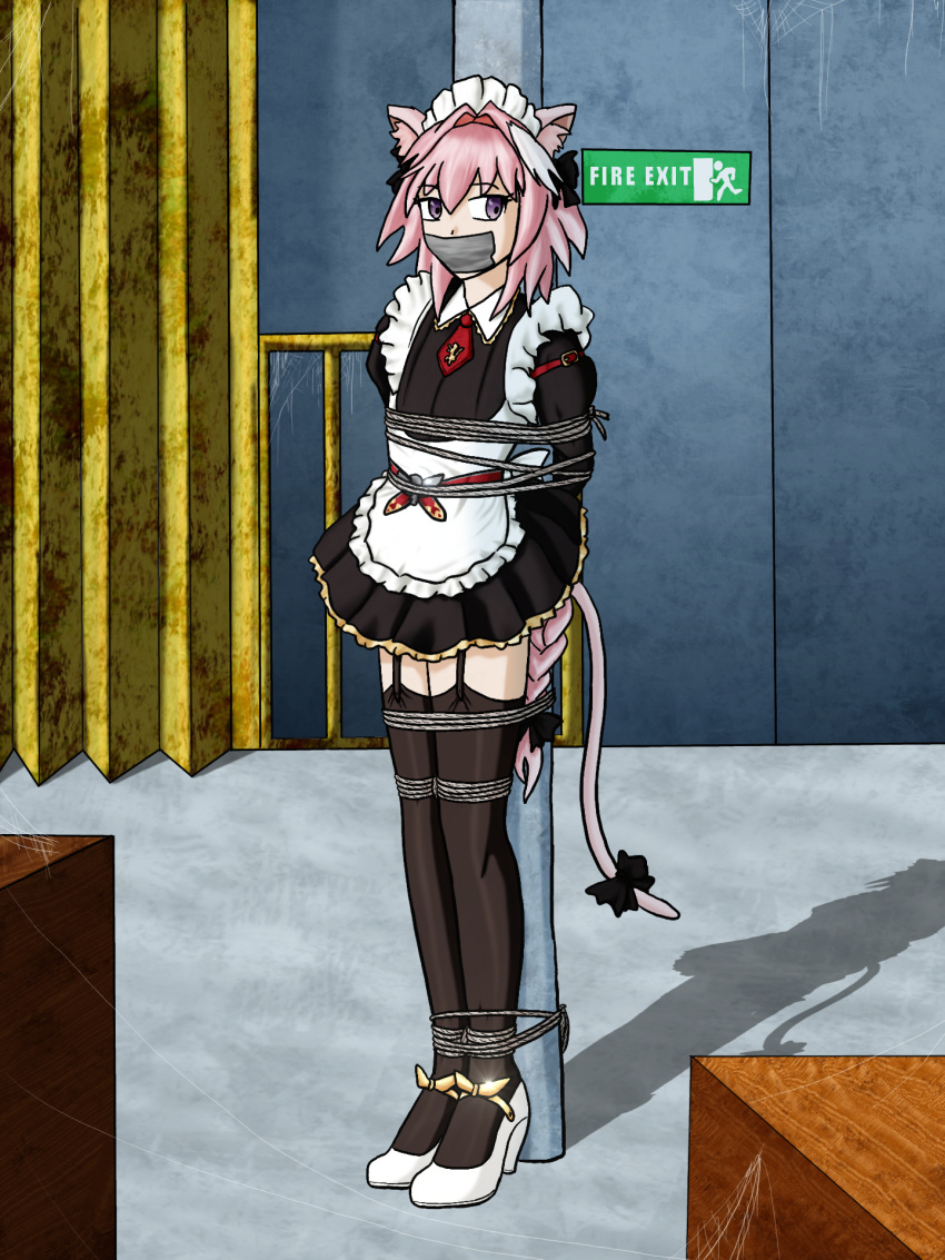 1boy astolfo_(fate) bdsm bondage bound bound_ankles bound_arms bound_legs bound_wrists crossdressing fate/grand_order fate_(series) highres kidnapped looking_at_viewer maid non-web_source otoko_no_ko pink_hair purple_eyes