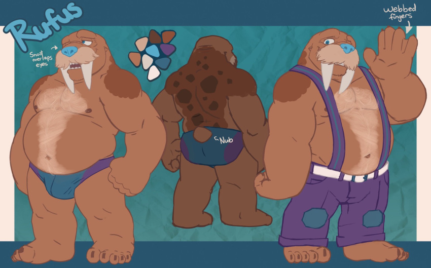 anthro biped blue_nose bottomwear brown_body brown_fur clothing fur male mammal marine membrane_(anatomy) navel pants pinniped plantigrade solo spectral-bat spots stocky suspenders tusks underwear walrus webbed_hands