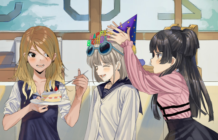 3girls ^_^ ^o^ black_hair blush brown_hair cake cake_slice closed_eyes dddoochi1 earrings food grey_hair happy_birthday hat highres holding holding_saucer idolmaster idolmaster_shiny_colors indoors izumi_mei jewelry looking_at_another mayuzumi_fuyuko multiple_girls party_hat saucer school_uniform serizawa_asahi smile straylight_(idolmaster) upper_body