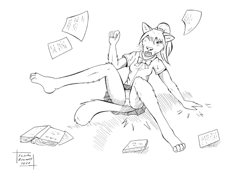 anthro black_and_white clothing comic_art domestic_cat felid feline felis female ink inktober line_art lionclaw1 mammal monochrome panties solo traditional_media_(artwork) underwear upskirt