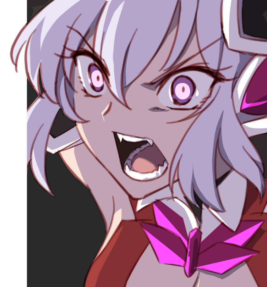 1girl angry axia-chan bare_shoulders fangs grey_hair headgear headphones highres long_hair open_mouth purple_eyes senki_zesshou_symphogear sidelocks symphogear_pendant yukine_chris