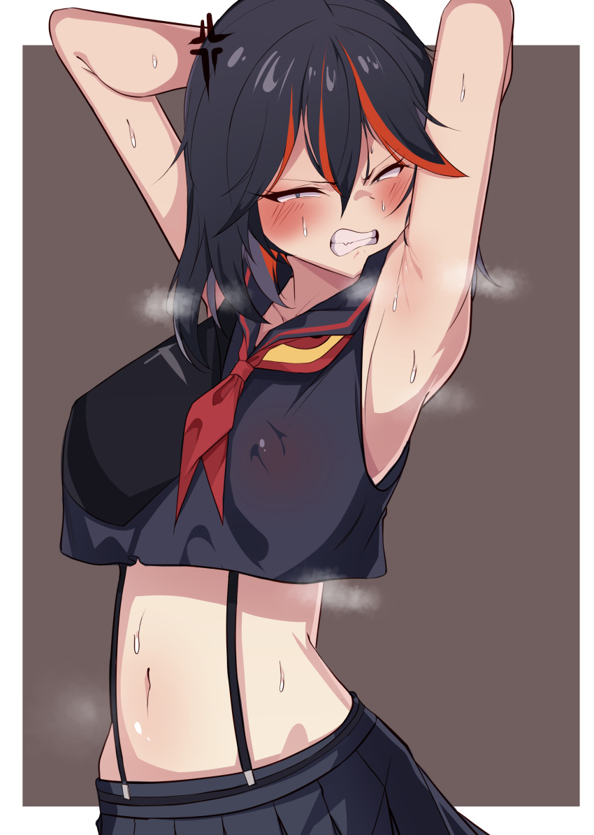 1girl absurdres anger_vein angry armpits arms_behind_head arms_up bare_shoulders black_hair black_serafuku black_shirt black_skirt breasts clenched_teeth crop_top crop_top_overhang half-closed_eyes heavy_breathing highres kill_la_kill kkry99 large_breasts looking_at_viewer matoi_ryuuko midriff multicolored_hair navel neckerchief pleated_skirt sailor_collar school_uniform serafuku shirt short_hair skirt sleeveless sleeveless_shirt solo stomach streaked_hair suspenders sweat teeth upper_body v-shaped_eyebrows