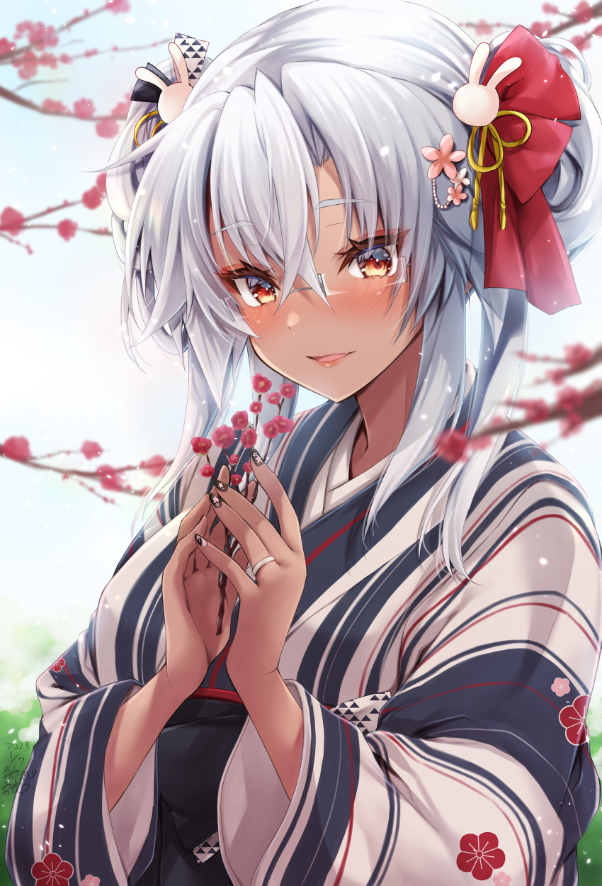 1girl absurdres alternate_costume alternate_hairstyle black_nails branch brown_eyes dark-skinned_female dark_skin floral_print flower glasses grey-framed_eyewear grey_hair hair_between_eyes hair_bun hair_flower hair_ornament highres holding holding_branch japanese_clothes jewelry kantai_collection kimono mashiro_yukiya musashi_(kancolle) musashi_kai_ni_(kancolle) obi print_kimono rectangular_eyewear red_flower rimless_eyewear ring sash semi-rimless_eyewear solo striped striped_kimono upper_body wedding_ring