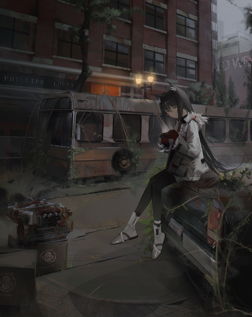 1girl abandoned absurdres animal_ear_fluff animal_ears arknights bangs black_hair black_pantyhose boboyo building bus car engine full_body gloves ground_vehicle highres jacket long_hair long_sleeves looking_at_viewer motor_vehicle official_alternate_costume on_vehicle outdoors overgrown pantyhose penguin_logistics_logo red_gloves ruins scenery sitting texas_(arknights) texas_(winter_messenger)_(arknights) tree white_footwear white_jacket window wolf_ears yellow_eyes