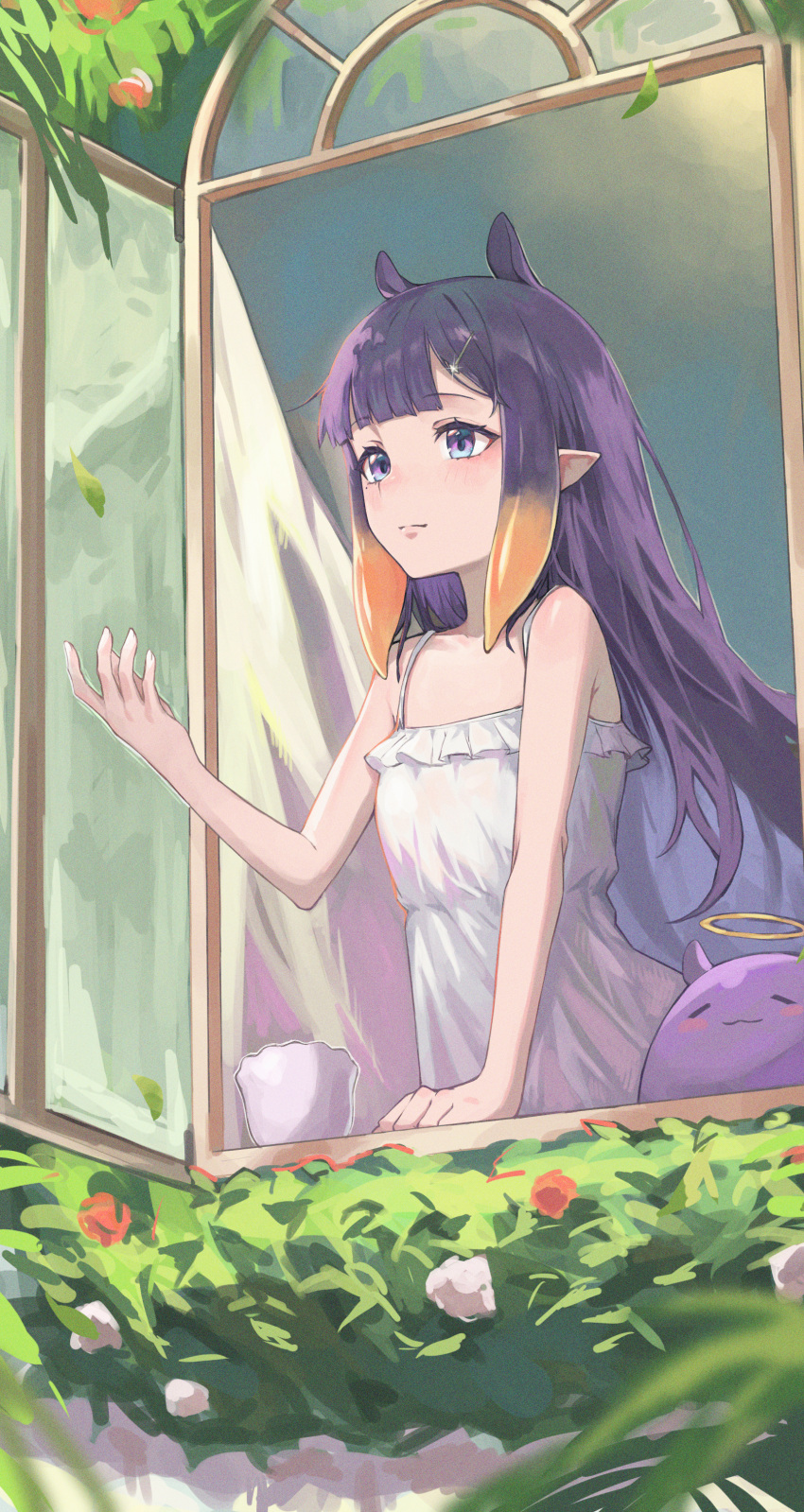 1girl absurdres bare_shoulders bush camisole day flower flower_bed frills hair_ornament hairclip halo hand_up happy highres hololive hololive_english kiwwwwwi light_blush light_smile long_hair looking_away looking_outside mole mole_under_eye ninomae_ina'nis open_window pointy_ears purple_eyes purple_hair smile standing straight_hair takodachi_(ninomae_ina'nis) tentacle_hair vase virtual_youtuber white_camisole window