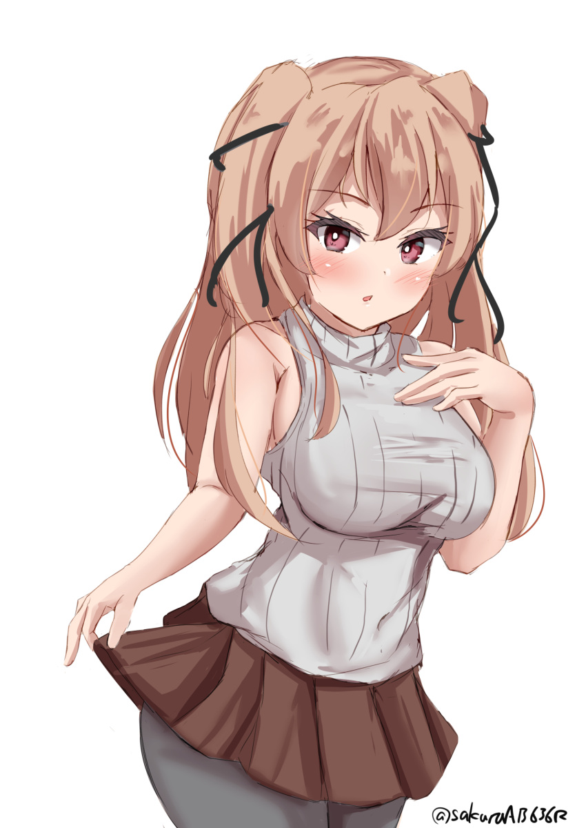 1girl absurdres alternate_costume breasts brown_eyes brown_skirt cowboy_shot grey_pantyhose hair_ribbon highres johnston_(kancolle) kantai_collection light_brown_hair long_hair medium_breasts one-hour_drawing_challenge pantyhose pleated_skirt ribbed_sweater ribbon sakura_ab simple_background skirt sleeveless sleeveless_sweater solo sweater two_side_up white_background