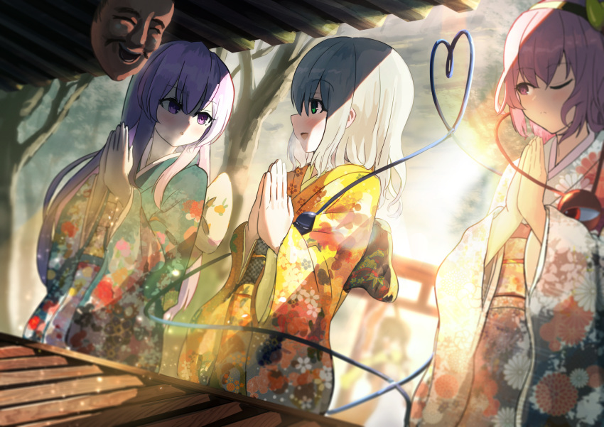 2023 3girls back_bow bangs black_hairband blue_kimono blush bow box breasts closed_mouth donation_box expressionless eyelashes floral_print green_eyes green_hair green_kimono hair_between_eyes hair_ornament hairband hakurei_shrine happy hata_no_kokoro heart heart_hair_ornament heart_of_string highres japanese_clothes jody_know-grow-help kimono komeiji_koishi komeiji_satori large_bow long_hair long_sleeves looking_at_another mask medium_hair multiple_girls new_year one_eye_closed open_mouth outdoors own_hands_together pink_hair praying purple_eyes raised_eyebrows sidelocks small_breasts sparkle steam_from_mouth sunlight third_eye torii touhou tree v-shaped_eyebrows very_long_hair wide_sleeves yellow_kimono yukata