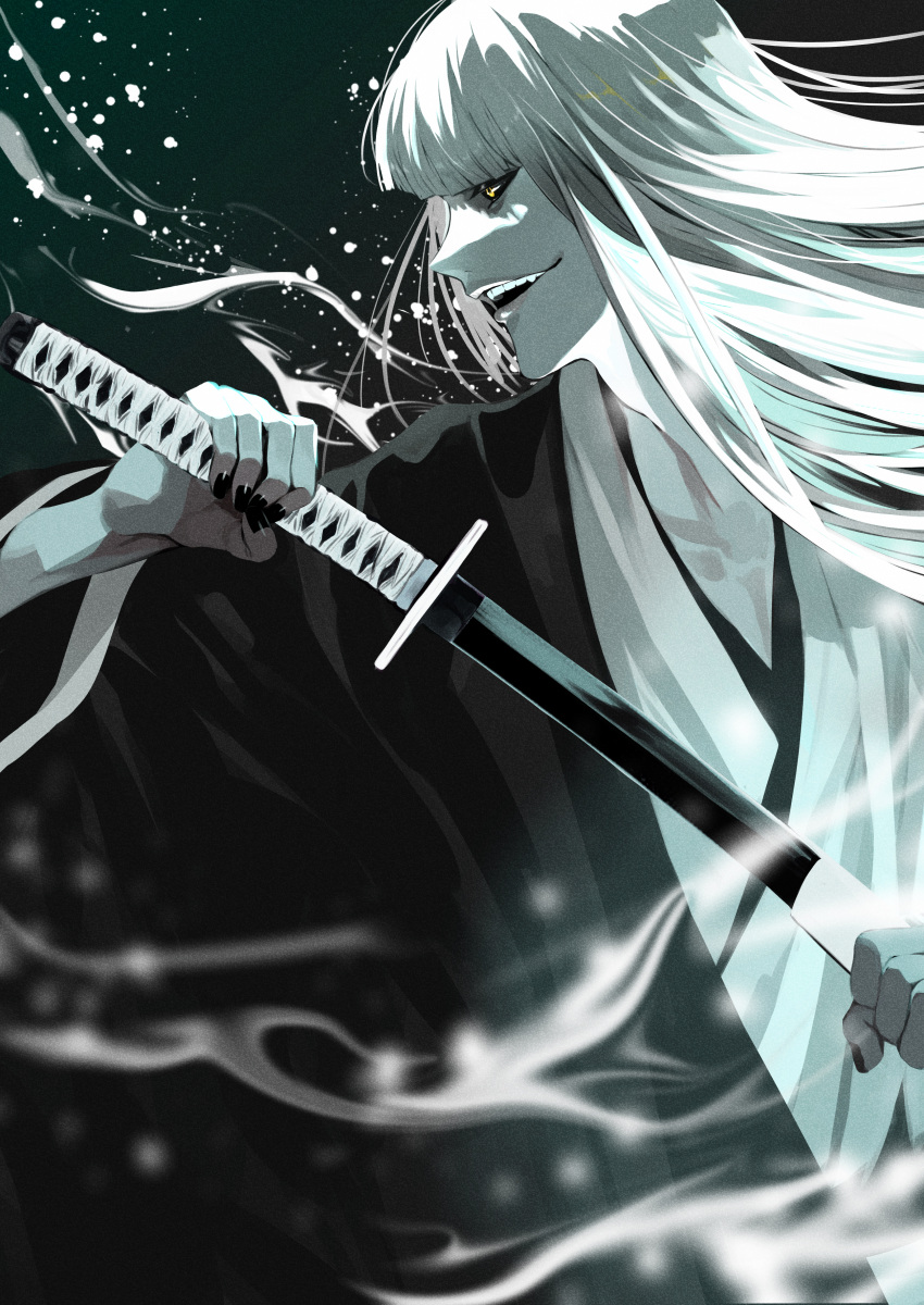 1boy absurdres ajuji_aju bangs black_nails black_sclera bleach blunt_bangs collarbone colored_sclera crazy_smile dark_persona from_side haori highres hirako_shinji holding holding_sword holding_weapon japanese_clothes katana light_particles long_hair long_sleeves male_focus open_mouth sheath sword teeth unsheathing upper_teeth_only weapon white_hair yellow_eyes