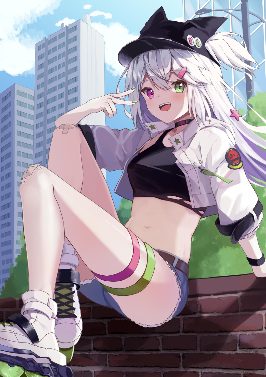 1girl :d absurdres animal_ears bandaid bandaid_on_knee bandaid_on_leg banxsy_(girls'_frontline_nc) baseball_cap belt black_choker black_headwear black_shirt blue_shorts breasts choker crop_top cropped_jacket cutoffs day denim denim_shorts fake_animal_ears girls'_frontline_neural_cloud green_eyes green_nails hair_through_headwear hat heterochromia highres hood hood_down hooded_jacket jacket knees_up long_hair looking_at_viewer medium_breasts micro_shorts midriff nail_polish navel one_side_up open_clothes open_jacket open_mouth outdoors purple_eyes puto_(put_to_) shirt shoes short_shorts shorts sitting sleeveless sleeveless_shirt smile sneakers solo stomach thigh_strap thighs torn_clothes torn_shirt v white_footwear white_hair white_jacket