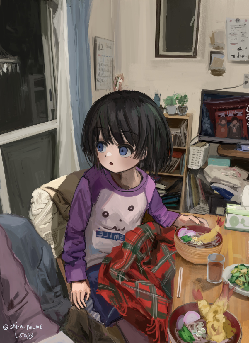 1girl absurdres bangs black_hair blanket blue_eyes blue_shorts bob_cut book book_stack bookshelf bowl calendar_(object) commentary_request cup drinking_glass food highres indoors long_sleeves looking_to_the_side mikun109323 new_year original parted_lips plate purple_shirt scenery shirt short_hair shorts shrimp shrimp_tempura sitting solo television tempura
