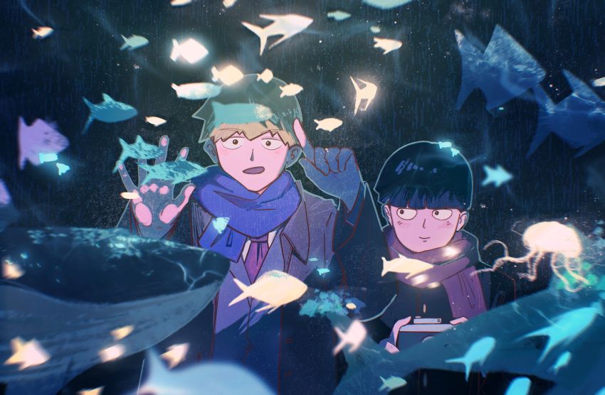 2boys against_glass amaya_aqiao aquarium bangs black_eyes black_hair blonde_hair blue_scarf blunt_bangs bowl_cut fish formal highres indoors jacket kageyama_shigeo long_sleeves looking_at_another male_focus mob_psycho_100 multiple_boys necktie open_mouth pink_necktie pointing purple_scarf reigen_arataka scarf school_of_fish shirt short_hair smile suit water white_shirt