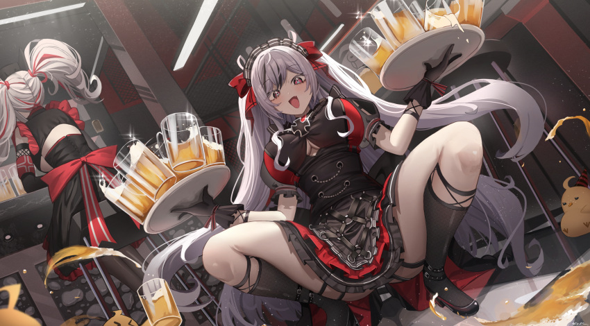 2girls :d alcohol armband azur_lane bangs bar_stool beer beer_mug black_corset black_dress black_gloves black_hair breasts character_request clothing_cutout corset cross cup dress elbe_(azur_lane) elbe_(time_to_show_off?)_(azur_lane) fang fishnet_socks fishnets floating_hair frilled_dress frilled_hairband frills from_behind gloves grey_hair hair_ribbon hairband high_heels highres holding holding_tray indoors iron_cross jeze kneehighs large_breasts layered_dress long_hair looking_at_viewer maid maid_headdress manjuu_(azur_lane) mug multicolored_hair multiple_girls official_alternate_costume open_mouth prinz_adalbert_(azur_lane) red_eyes red_hair ribbon shin_strap shoulder_cutout sitting skin_fang smile socks squatting stool streaked_hair tray twintails two_side_up underboob_cutout very_long_hair