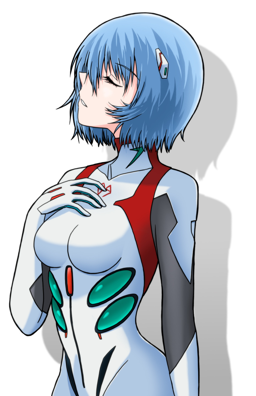 1girl ayanami_rei bangs blue_hair bodysuit breasts closed_eyes commentary evangelion:_3.0+1.0_thrice_upon_a_time hand_on_own_chest highres interface_headset medium_breasts neon_genesis_evangelion parted_lips pilot_suit plugsuit rebuild_of_evangelion sasihmi short_hair solo white_background white_bodysuit