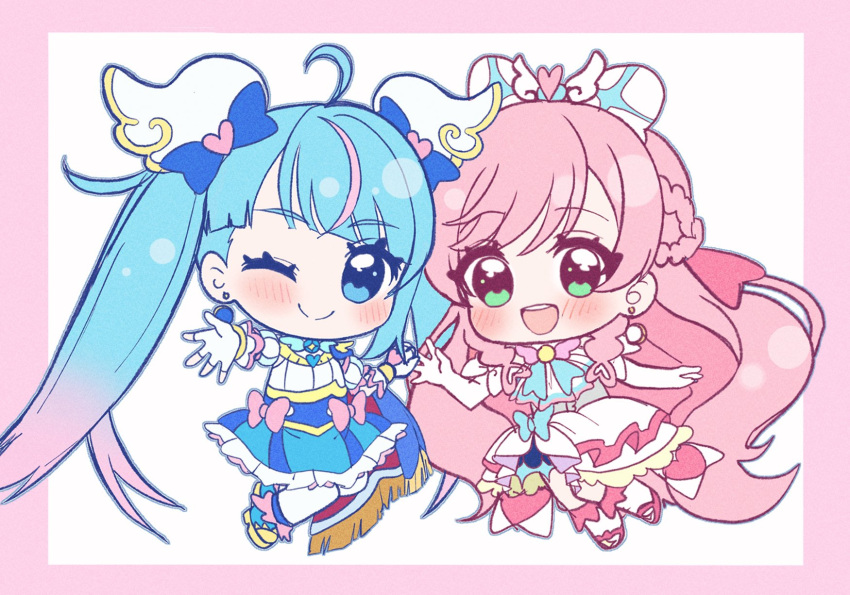 2girls bangs blsh blue_bow blue_eyes blue_hair bow cure_prism cure_sky dress earrings glove_bow gradient_hair green_eyes hair_bow highres hirogaru_sky!_precure jewelry magical_girl multicolored_hair multiple_girls nijigaoka_mashiro one_eye_closed pink_hair precure smile sora_harewataru umiyuki_(umi_chu) white_bow white_dress wing_hair_ornament