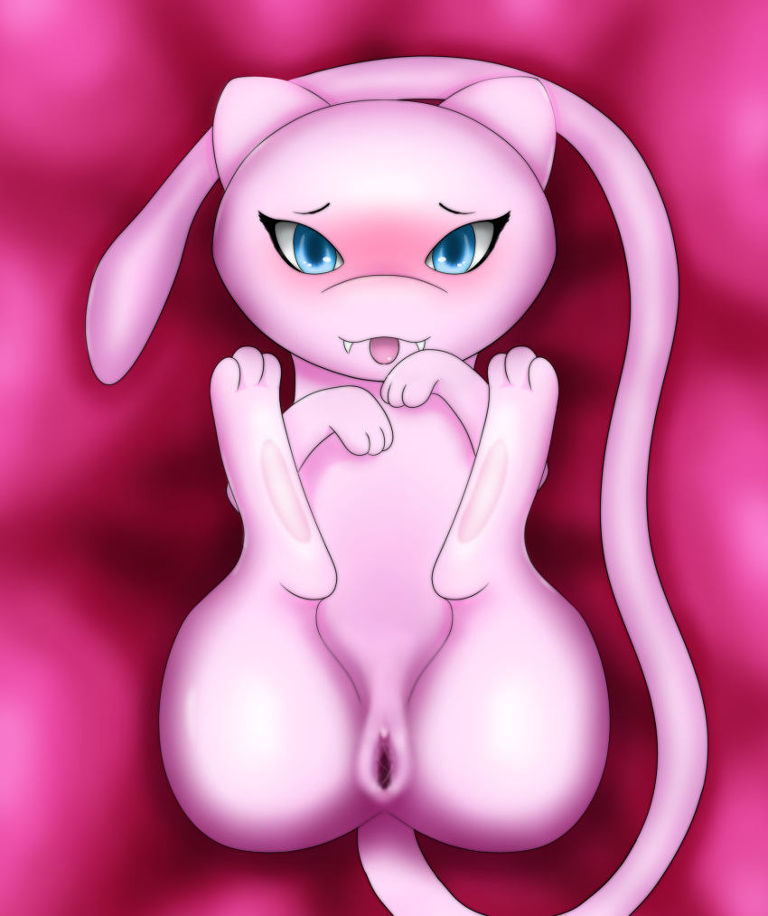 absurd_res ambiguous_gender bodily_fluids feral generation_1_pokemon genital_fluids genitals hi_res jakuya_art legendary_pokemon legs_up looking_at_viewer lying mew_(pokemon) mousepad_design nintendo on_back pokemon pokemon_(species) pussy pussy_juice solo spread_pussy spreading tongue tongue_out