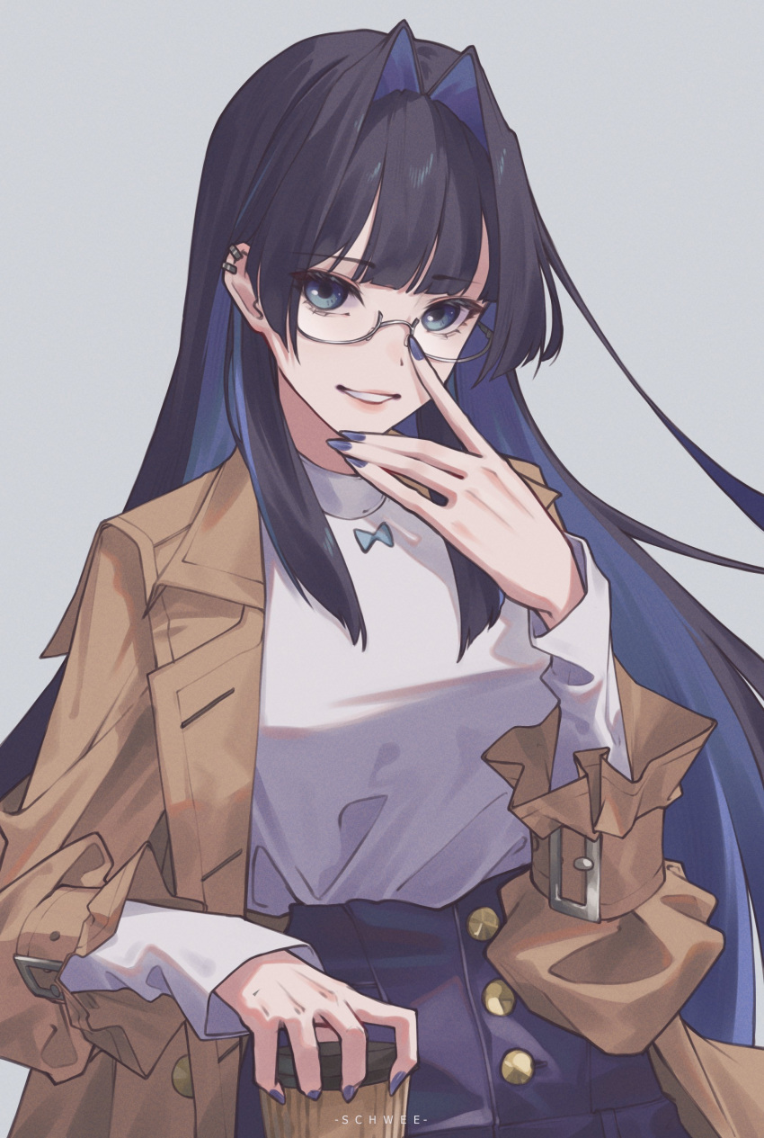 1girl absurdres bangs black_hair blue_bow blue_bowtie blue_eyes blue_hair blue_nails blunt_bangs bow bowtie breasts brown_coat buckle buttons cardanolc coat coffee coffee_cup cup denim disposable_cup ear_piercing earrings finger_to_face glasses grey_background grin hair_intakes high-waist_pants highres holding holding_cup hololive hololive_english jeans jewelry large_breasts long_hair looking_at_viewer multiple_earrings official_alternate_costume official_alternate_hair_length official_alternate_hairstyle open_clothes open_coat ouro_kronii pants piercing semi-rimless_eyewear shirt sidelocks simple_background smile solo tented_shirt upper_body virtual_youtuber white_shirt