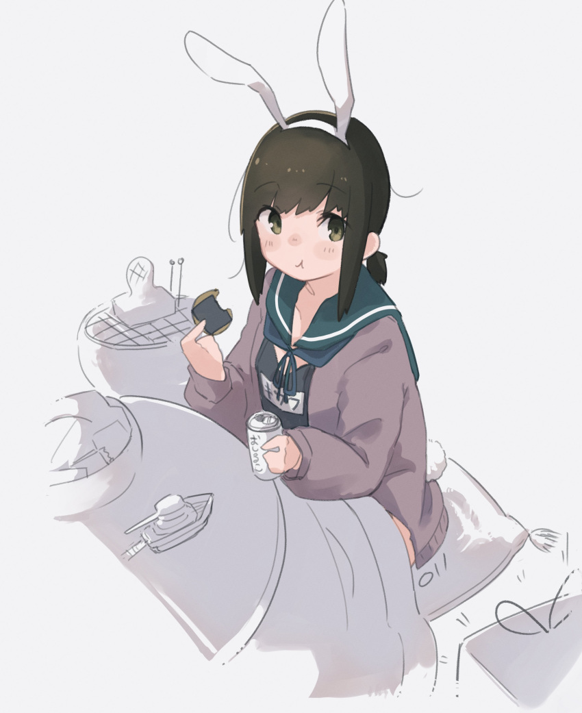 1girl absurdres animal_ears black_hair bowl brown_cardigan brown_jacket can cardigan cushion eating fake_animal_ears fake_tail food fubuki_(kancolle) green_eyes highres jacket kantai_collection kotatsu looking_at_viewer low_ponytail ma_rukan mochi one-hour_drawing_challenge ponytail school_uniform serafuku sitting solo table tail