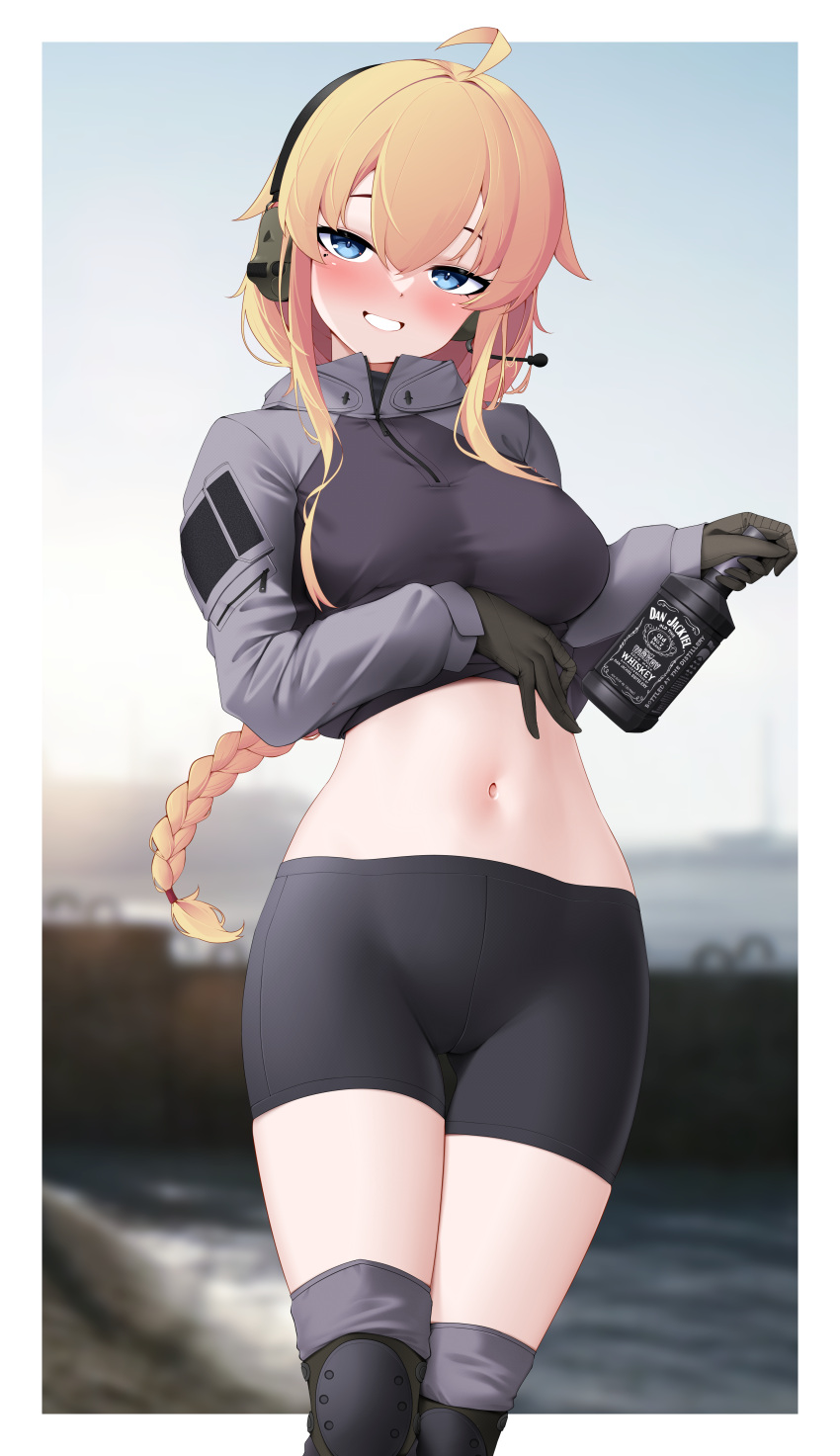 1girl absurdres ahoge alcohol black_gloves black_shorts blonde_hair blue_eyes bottle braid braided_ponytail breasts gloves grin hair_between_eyes headset highres holding holding_bottle indie_virtual_youtuber jacket_lift large_breasts lifted_by_self long_hair long_sleeves looking_at_viewer midriff mole mole_under_eye navel shorts smile solo virtual_youtuber whiskey whiskey_project z.taiga