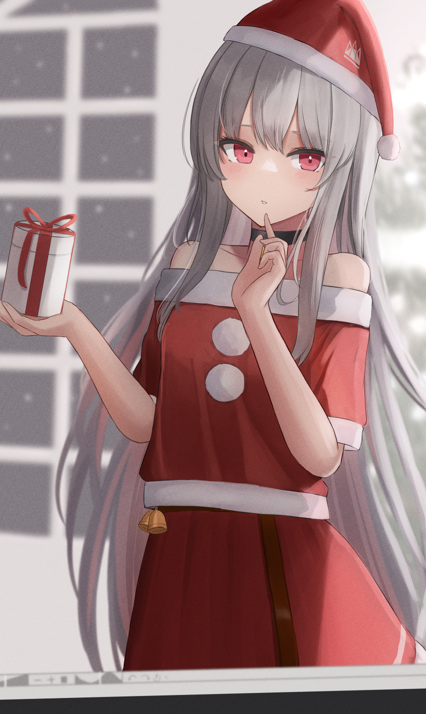1girl absurdres bangs bare_shoulders bell blush box christmas commentary_request gift gift_box grey_hair hat highres holding holding_box jingle_bell long_hair looking_at_viewer off-shoulder_shirt off_shoulder original red_eyes red_headwear red_shirt red_skirt santa_costume santa_hat shirt short_sleeves skirt solo tanshio