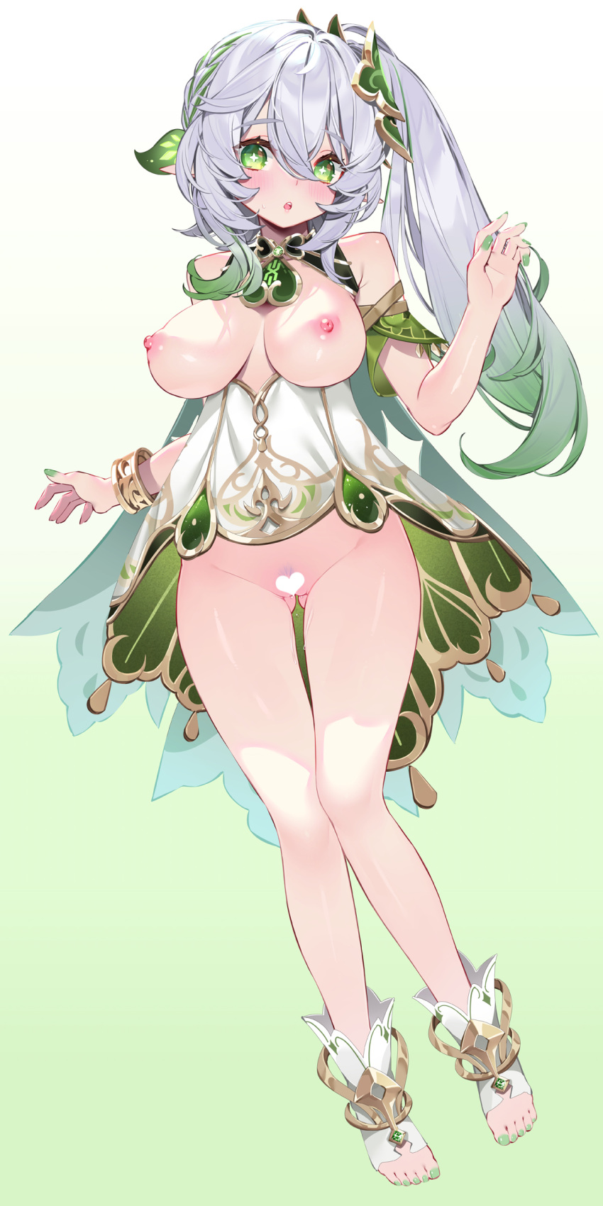 1girl :o absurdres aged_up ass_visible_through_thighs blush bracelet breasts censored female_pubic_hair fingernails full_body genshin_impact gradient gradient_background green_background green_eyes green_nails grey_hair grey_pubic_hair hair_between_eyes hair_ornament heart heart_censor highres jewelry large_breasts long_hair looking_at_viewer nahida_(genshin_impact) nail_polish nipples pubic_hair side_ponytail solo standing toenail_polish toenails waterring