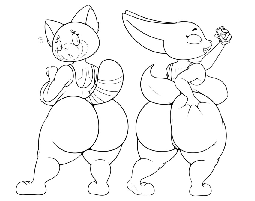 aggressive_retsuko ailurid anthro black_and_white butt butt_grab canid canine clothing duo female fennec fenneko flustered fox hand_on_butt hi_res looking_at_another mammal monochrome phone red_panda retsuko sanrio sketch swimwear xmetalhusky
