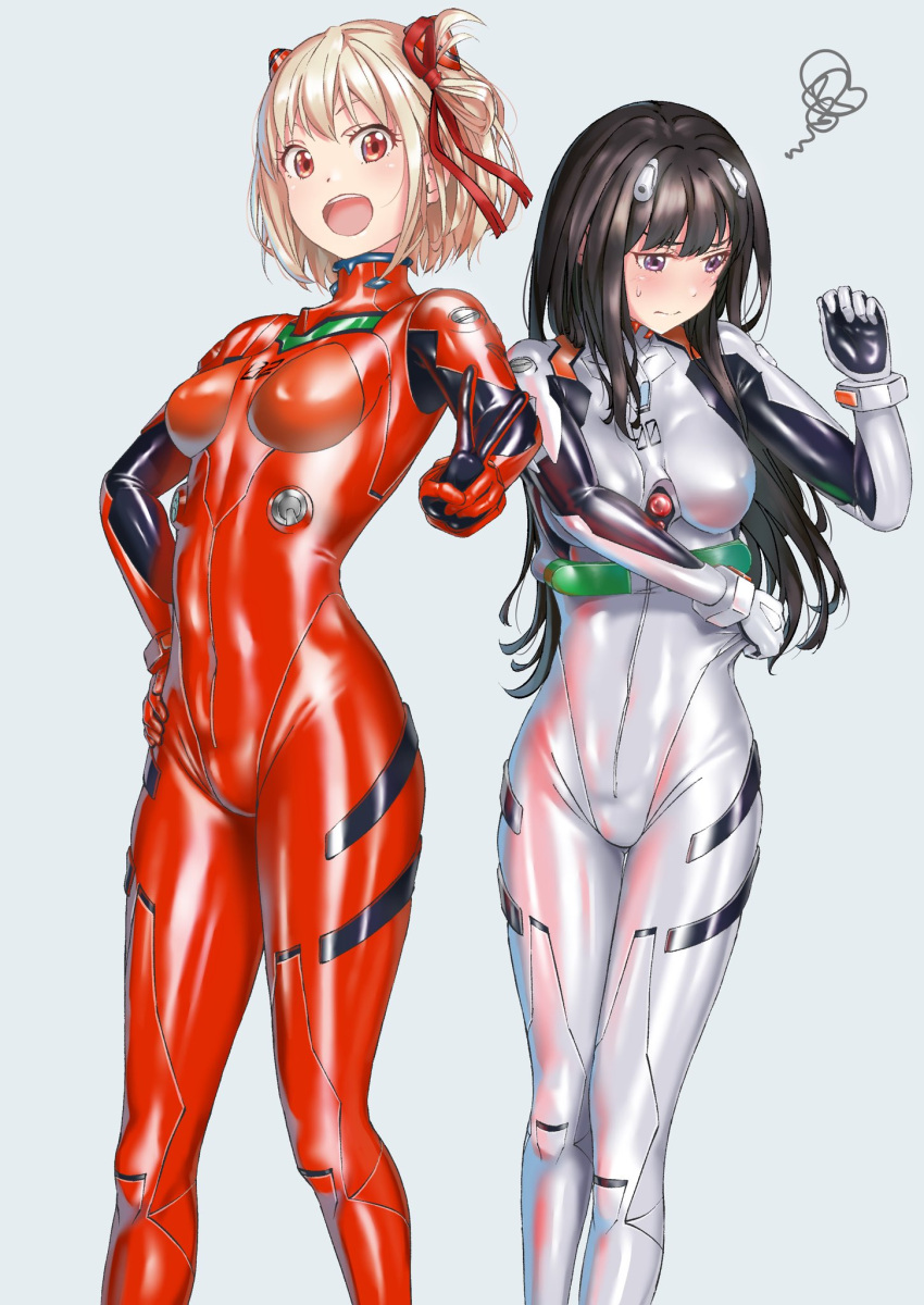 2girls ayanami_rei ayanami_rei_(cosplay) bangs black_hair blonde_hair bob_cut bodysuit commentary_request cosplay feet_out_of_frame fumi11gou hair_ribbon highres inoue_takina interface_headset long_hair lycoris_recoil multiple_girls neon_genesis_evangelion nishikigi_chisato pilot_suit plugsuit purple_eyes red_bodysuit red_eyes red_ribbon ribbon short_hair simple_background souryuu_asuka_langley souryuu_asuka_langley_(cosplay) white_background white_bodysuit