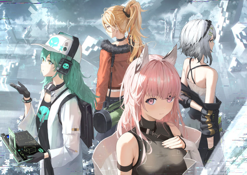 4girls absurdres animal_ears arm_behind_back bangs bare_shoulders baseball_cap black_bag black_choker black_gloves black_jacket black_shirt blonde_hair blunt_bangs bracelet breasts cat_ears character_request choker closed_mouth commentary_request cropped_jacket earrings facing_away from_behind fur-trimmed_jacket fur_trim girls'_frontline_neural_cloud gloves green_hair grey_hair hair_between_eyes hand_on_own_chest hand_up hat headphones hidulume highres holding jacket jewelry large_breasts light_blush long_hair long_sleeves looking_at_viewer looking_to_the_side looking_up multiple_girls orange_jacket persica_(girls'_frontline) persicaria_(girls'_frontline_nc) pink_hair ponytail shirt short_hair sleeveless sleeves_past_wrists stud_earrings upper_body white_headwear white_jacket yellow_eyes