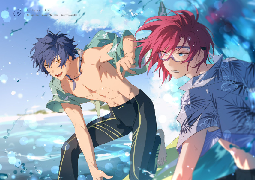 abs barefoot blue_eyes blue_hair blue_sky cloud collared_shirt commentary dark_blue_hair ensemble_stars! goggles goggles_around_neck goggles_on_head highres male_swimwear ocean open_mouth polo_shirt purple_eyes rrr_(reason) saegusa_ibara sazanami_jun shirt short_hair short_sleeves sky surfboard surfing symbol-only_commentary twitter_username unbuttoned yellow_eyes