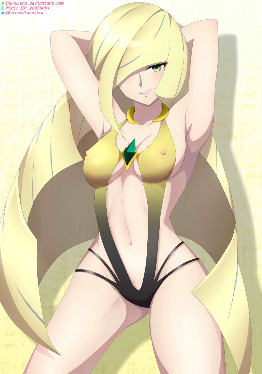 1girl absurdres adapted_costume armpits arms_behind_head bangs blonde_hair blunt_bangs breasts collar commentary covered_nipples cowboy_shot diamond_(shape) eyelashes gem green_eyes green_gemstone hair_over_one_eye highres iharuluna long_hair looking_at_viewer lusamine_(pokemon) navel one-piece_swimsuit parted_lips pixiv_id pokemon pokemon_(game) pokemon_sm smile solo swimsuit twitter_username very_long_hair watermark yellow_one-piece_swimsuit