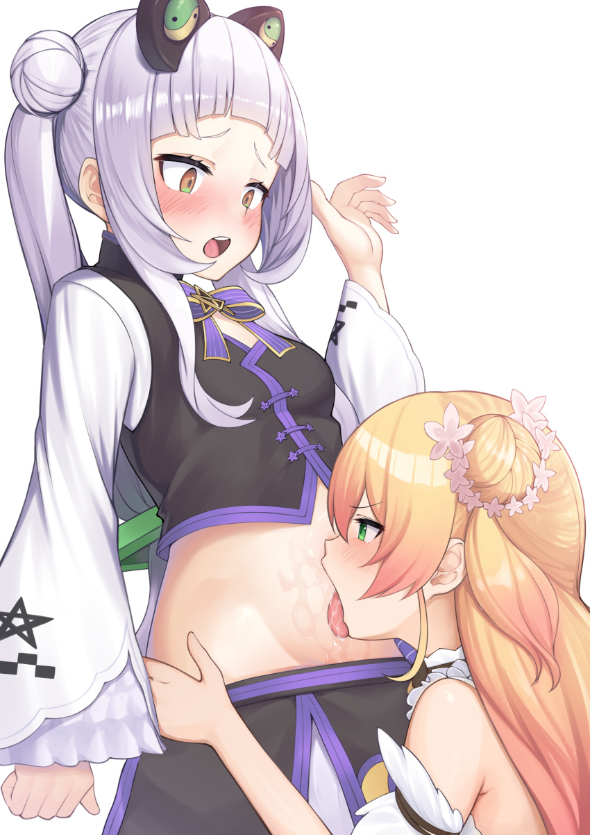 2girls ajishio_(loli_king) bangs bare_shoulders blonde_hair blunt_bangs blush green_eyes grey_hair hair_bun hand_on_another's_hip highres hololive licking licking_navel licking_stomach long_hair long_sleeves looking_at_another looking_down midriff momosuzu_nene multiple_girls murasaki_shion open_mouth saliva stomach tongue tongue_out twintails very_long_hair vest virtual_youtuber wide_sleeves yellow_eyes yuri
