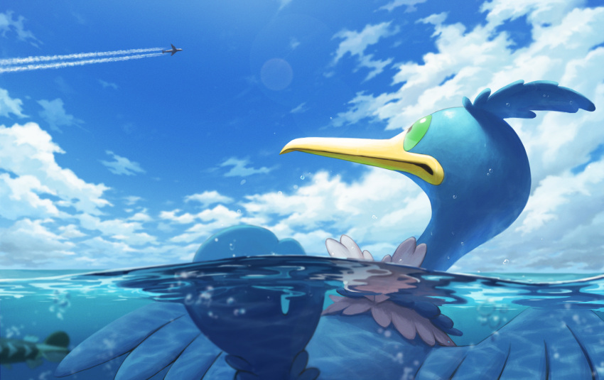 afloat aircraft airplane arrokuda bird closed_mouth cloud commentary_request cramorant day fish green_eyes highres no_humans outdoors partially_underwater_shot pokemon pokemon_(creature) rend sky water