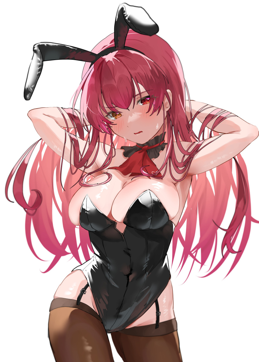 1girl absurdres animal_ears arms_behind_head breasts brown_thighhighs cleavage commentary garter_straps hand_in_own_hair hands_in_hair highres hololive houshou_marine large_breasts long_hair looking_at_viewer playboy_bunny rabbit_ears red_hair simple_background solo takeno_omoti thighhighs thighs virtual_youtuber white_background