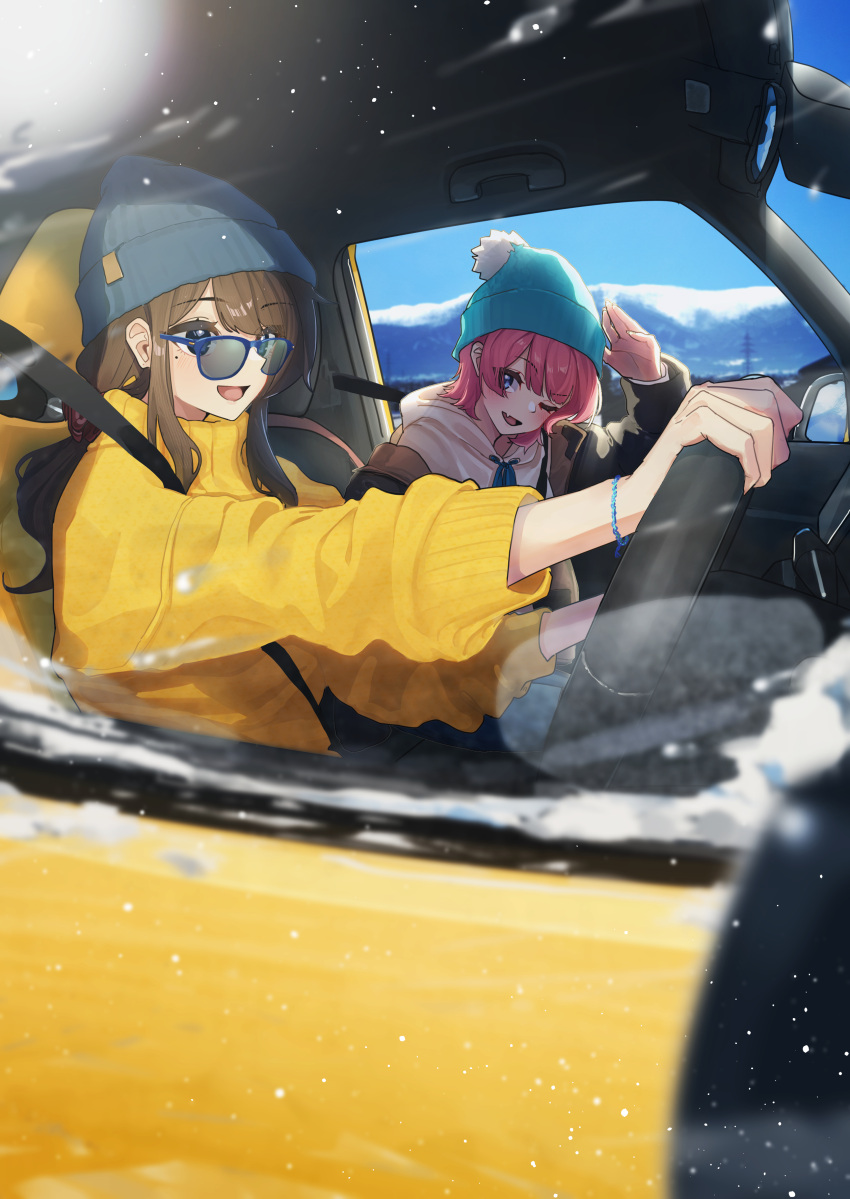 2girls absurdres blue-framed_eyewear blue_headwear blue_sky brown_hair car car_interior commentary_request day driving fang glasses ground_vehicle hat highres hood hoodie long_hair long_sleeves motor_vehicle multiple_girls one_eye_closed open_mouth original outdoors pink_hair sky smile steering_wheel sweater white_hoodie winter yellow_sweater you'a