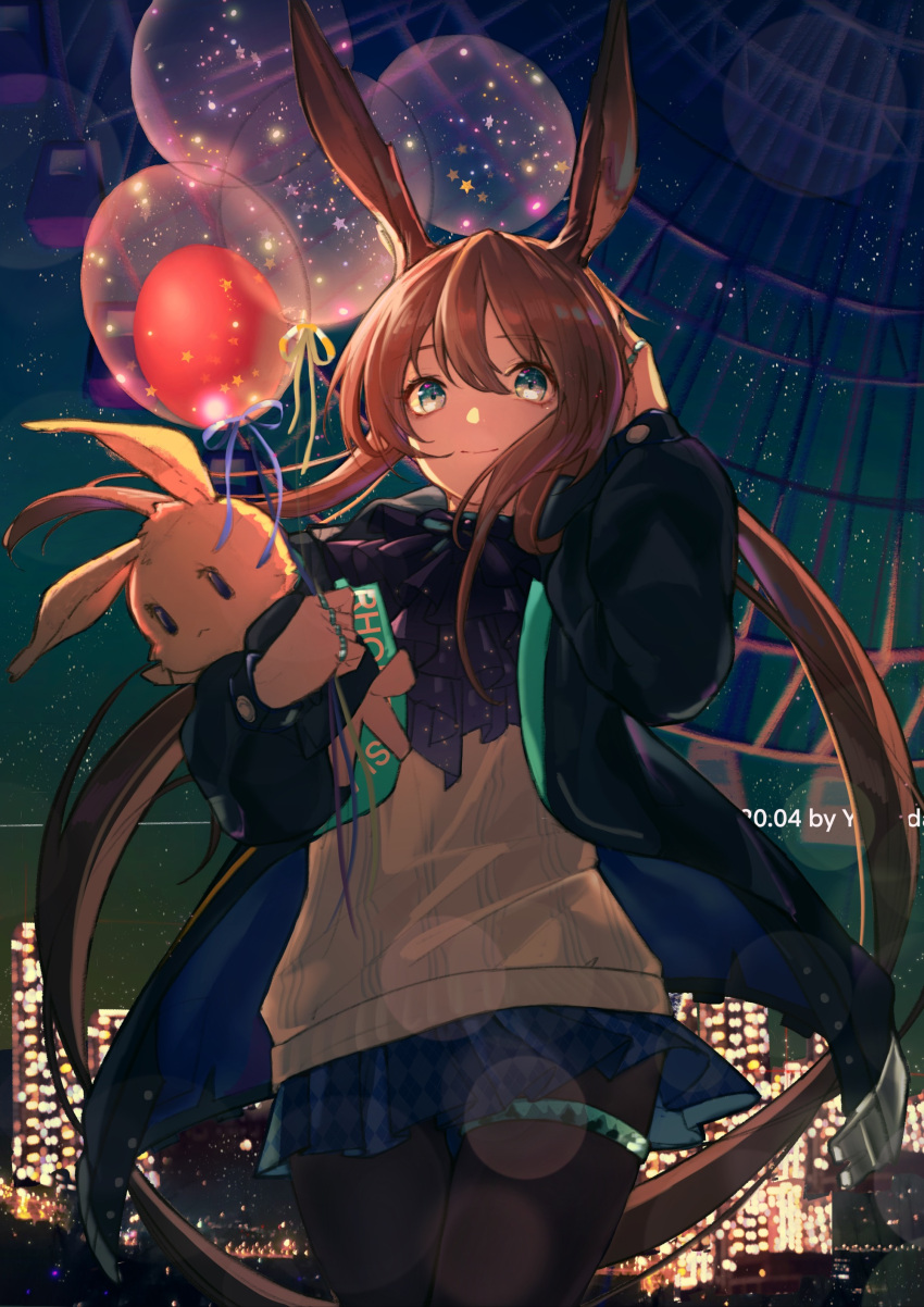 1girl absurdres amiya_(arknights) animal_ears arknights ascot balloon black_coat black_pantyhose blue_ascot blue_eyes blue_skirt brown_hair chinese_commentary cityscape closed_mouth coat commentary_request cowboy_shot ferris_wheel hair_between_eyes hand_in_own_hair highres holding holding_balloon holding_stuffed_toy jewelry long_hair long_sleeves looking_at_viewer miniskirt multiple_rings night night_sky open_clothes open_coat pantyhose rabbit_ears rabbit_girl ring shirt sidelocks skirt sky smile solo star_(sky) starry_sky stuffed_animal stuffed_bunny stuffed_toy very_long_hair white_shirt yolanda
