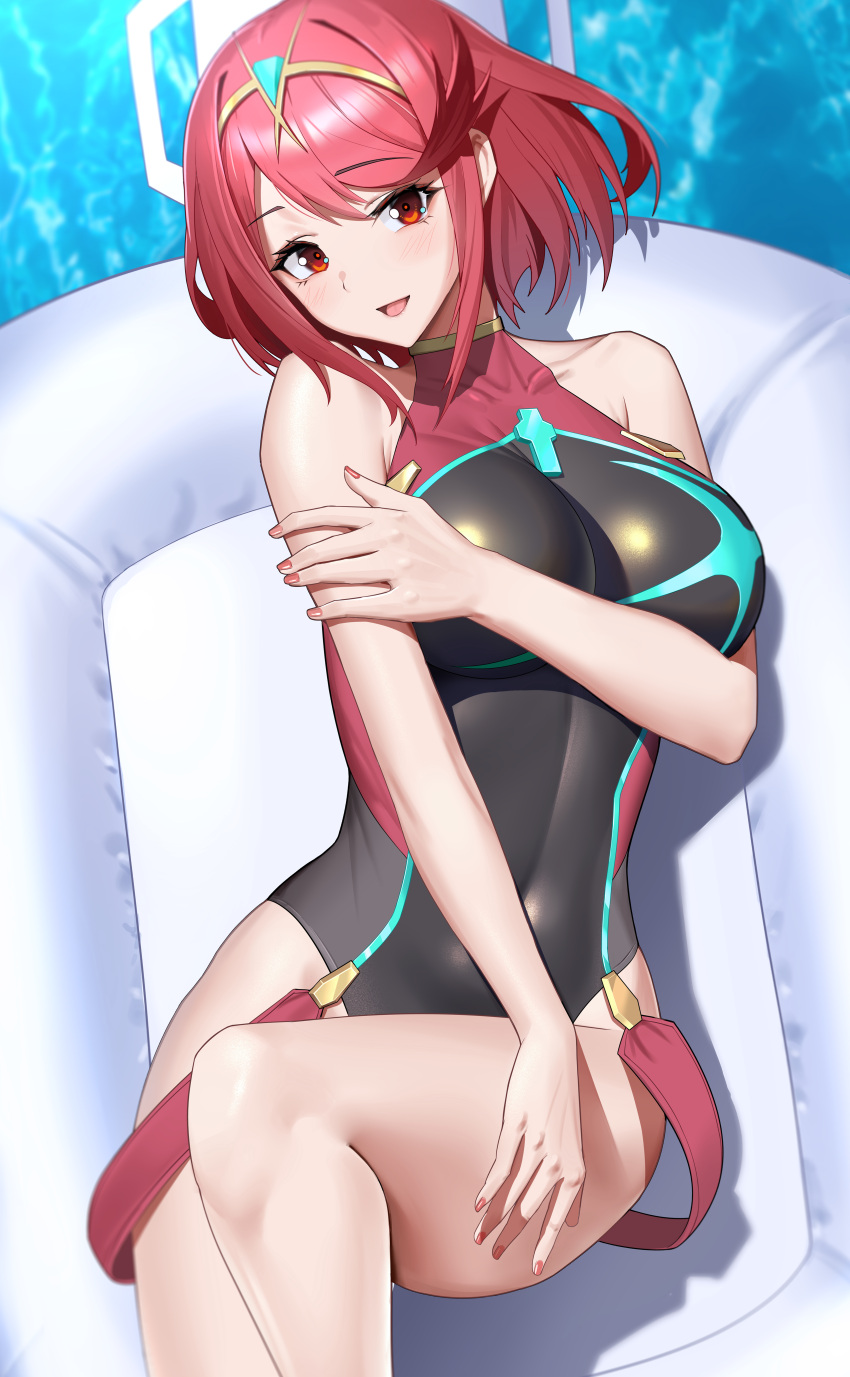 1girl :d absurdres air_mattress bangs bare_shoulders collarbone competition_swimsuit covered_navel highres impossible_clothes impossible_swimsuit leg_up looking_at_viewer lying neon_trim northman official_alternate_costume on_back one-piece_swimsuit open_mouth pyra_(pro_swimmer)_(xenoblade) pyra_(xenoblade) red_eyes red_hair short_hair smile solo swept_bangs swimsuit tiara xenoblade_chronicles_(series) xenoblade_chronicles_2