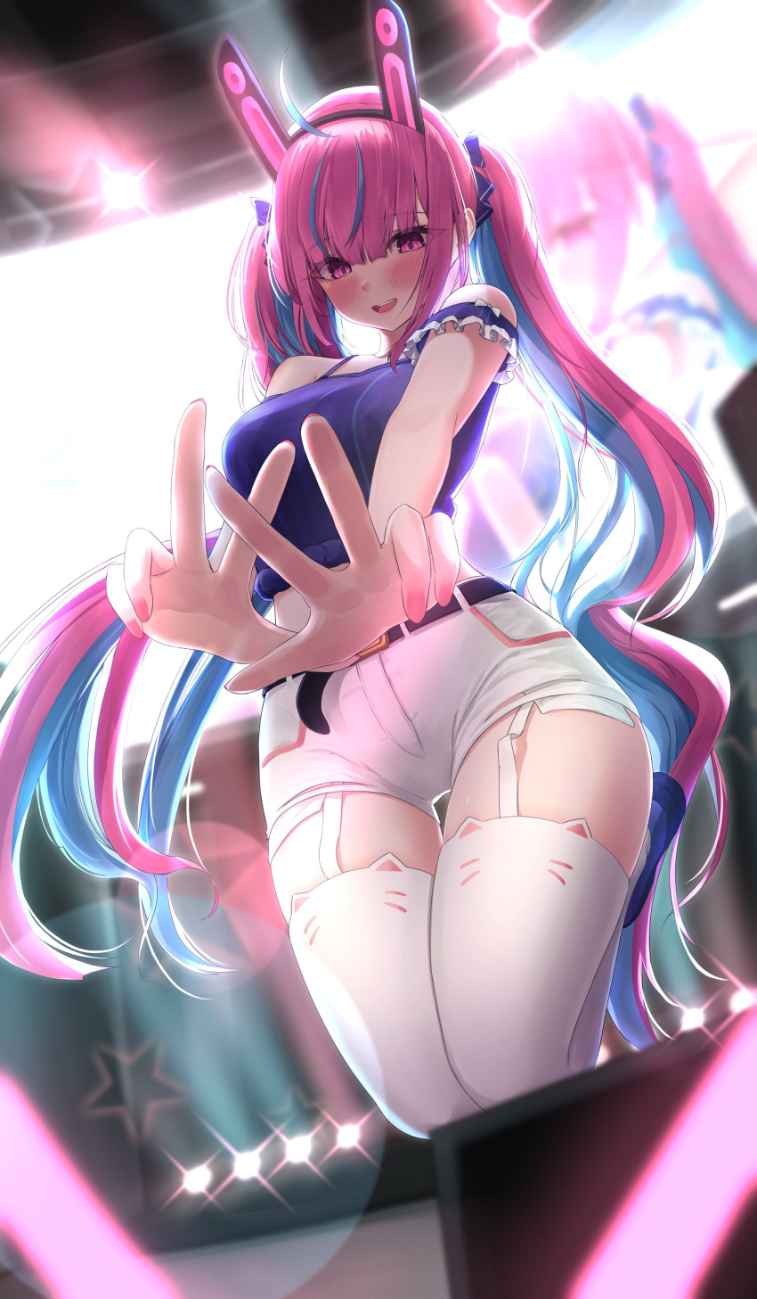 1girl absurdres ahoge animal_ear_legwear bangs bare_shoulders belt black_belt blue_hair blue_shirt blush bow cat_ear_legwear colored_inner_hair daran9 double_w glowstick hair_bow highres hololive long_hair looking_at_viewer minato_aqua multicolored_hair open_mouth outstretched_arms pink_eyes pink_hair shirt short_shorts shorts sidelocks sleeveless sleeveless_shirt smile solo stage stage_lights star_(symbol) streaked_hair teeth thigh_gap thighhighs twintails two-tone_hair upper_teeth_only virtual_youtuber w white_shorts white_thighhighs